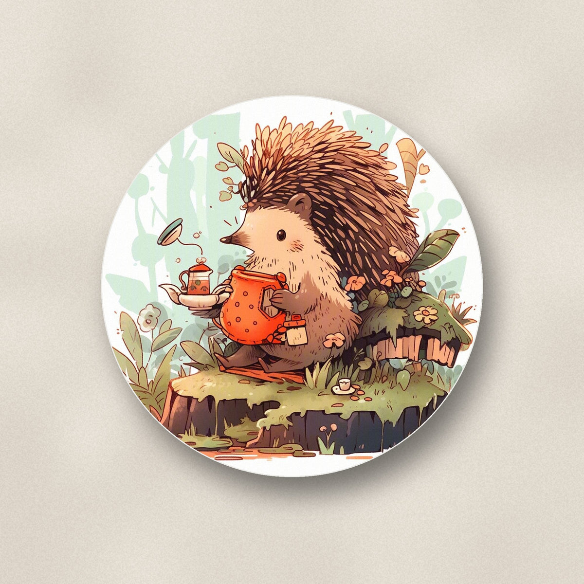 One custom coaster printed with a hedgehog artwork, matte finish, flat UV print, on linen
