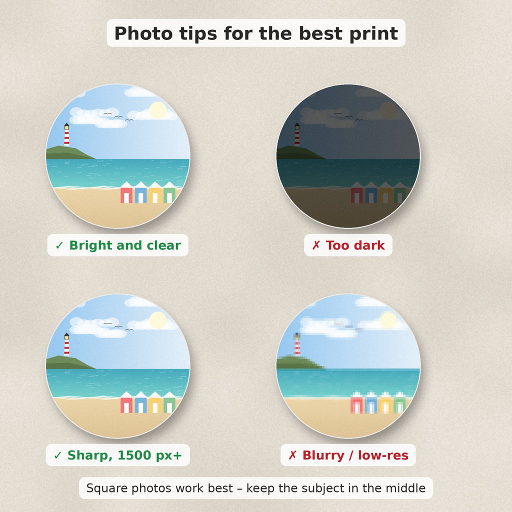 Photo tips: bright and sharp photos print best, avoid dark or blurry images