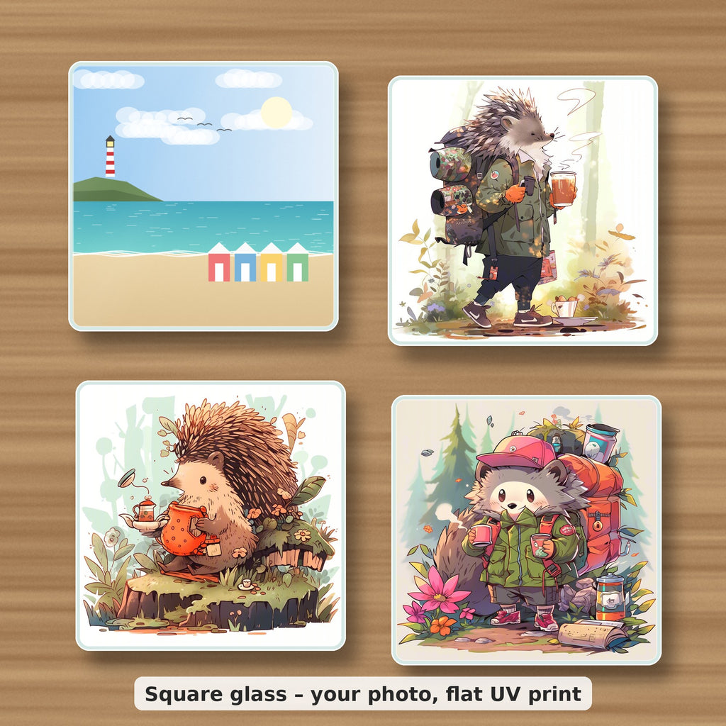 Set of 4 custom square glass coasters printed with a seaside photo and hedgehog artwork, glossy flat UV print, on an oak table