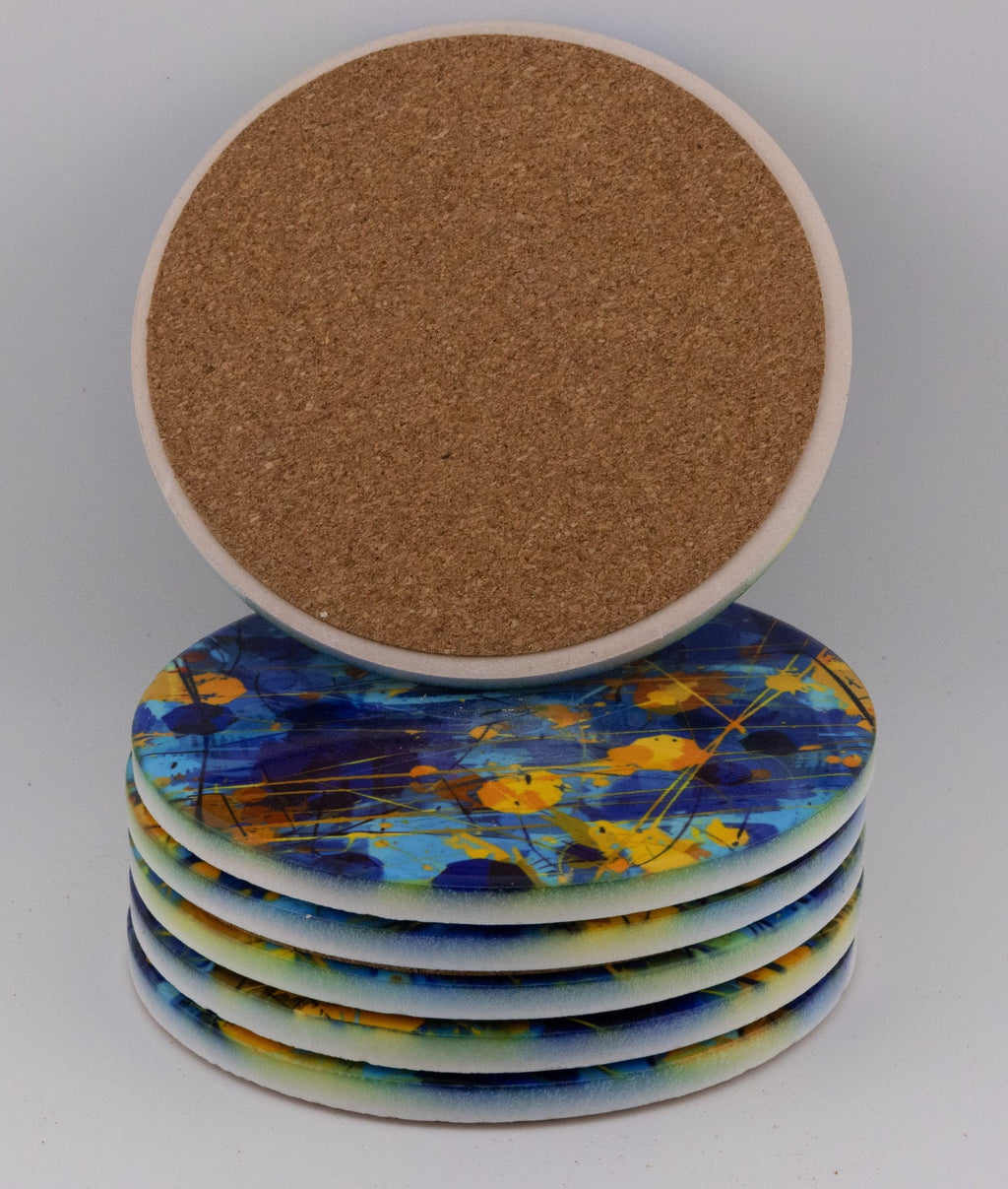 AI24010C Chaotic Blue & Yellow abstract effect Round Ceramic Coasters- Set of 6, gift for all occasions, six unique designs.