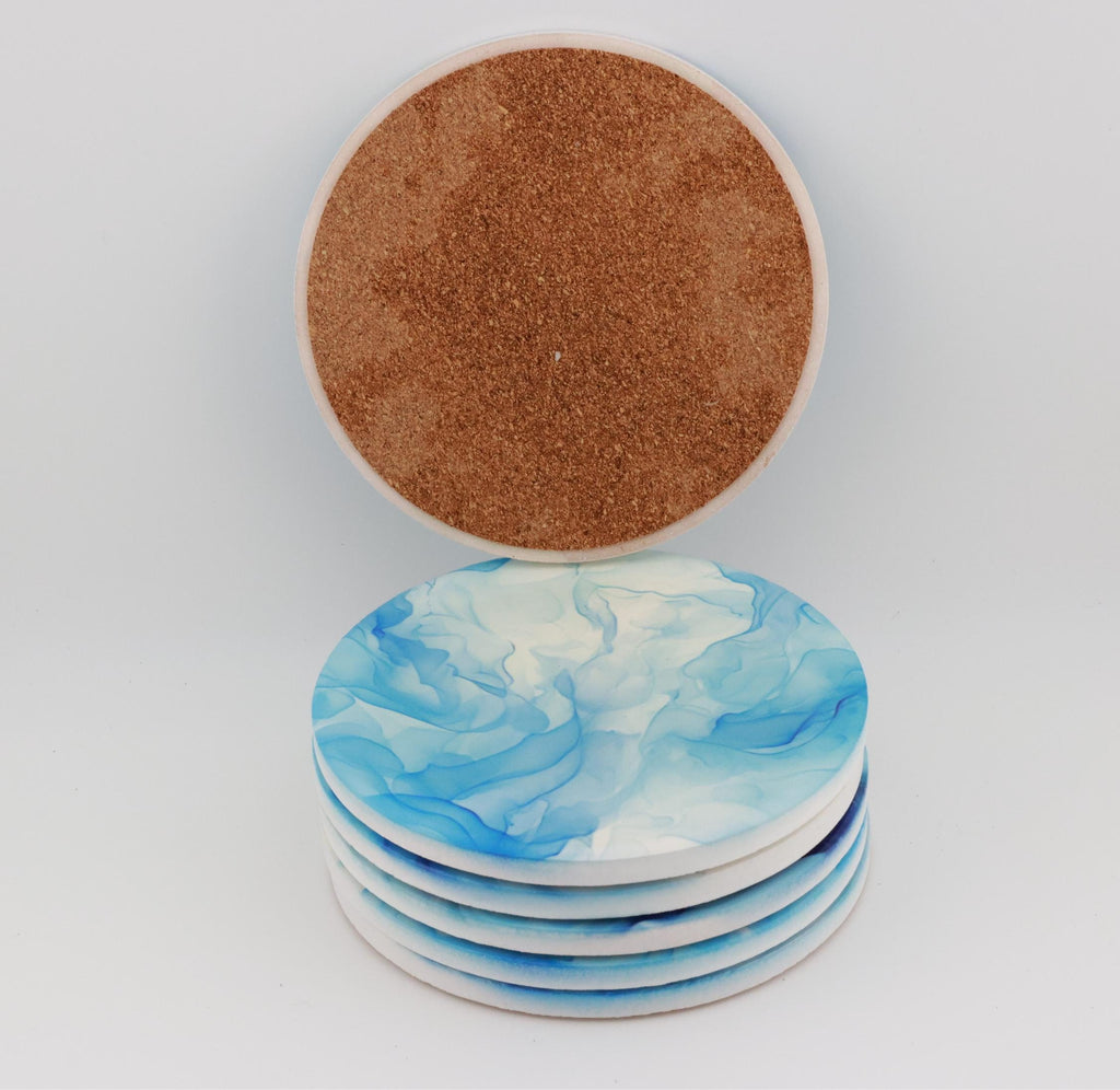 AI24009C Blue swirls Marble Effect Round Ceramic Coasters-Set of 6, colourful, gift for all occasions, six unique designs.