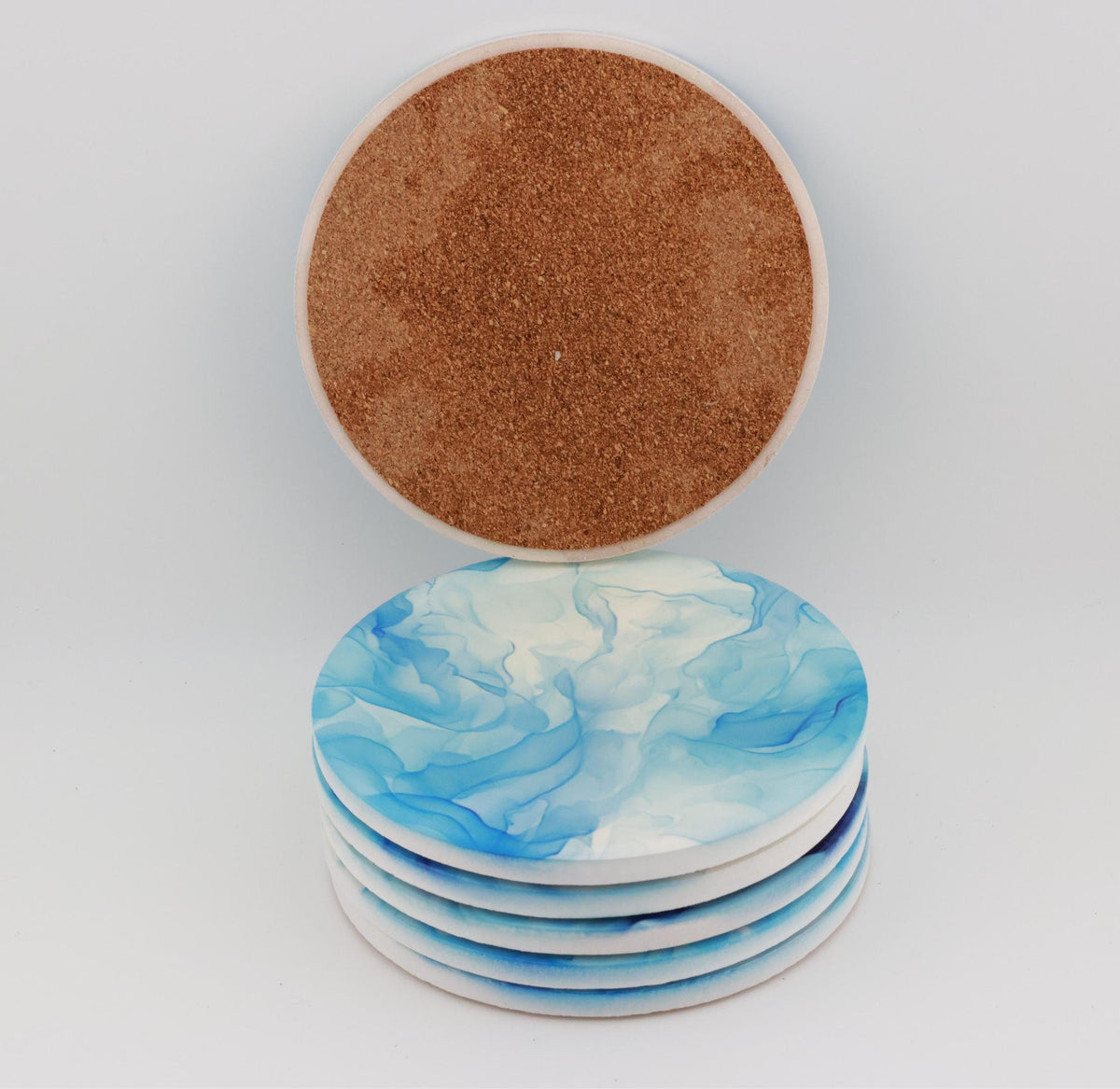 AI24009C Blue swirls Marble Effect Round Ceramic Coasters-Set of 6, colourful, gift for all occasions, six unique designs.