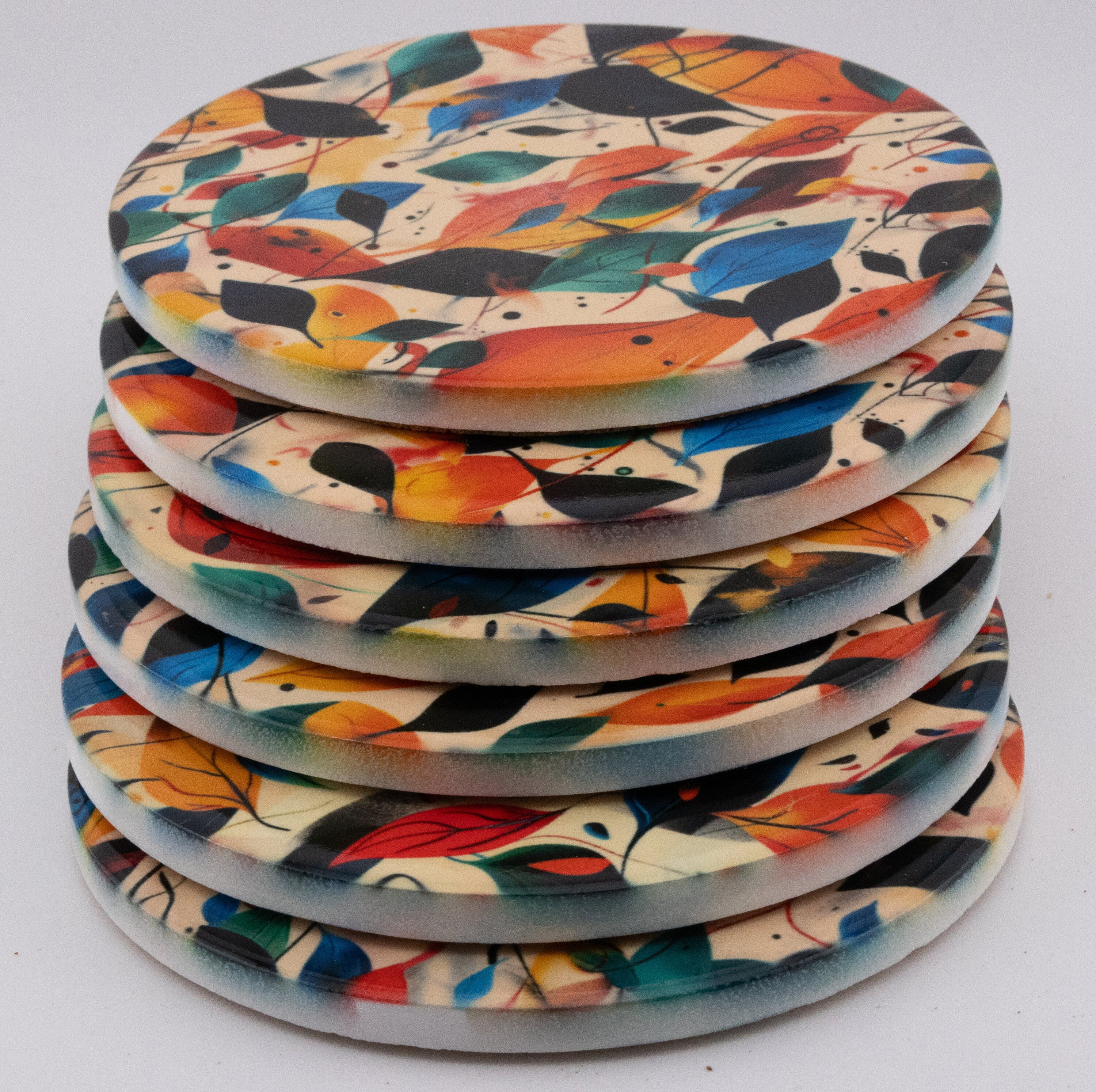 AI24025C Autumn Leaves Round Glass Coaster, Colorful Botanical Coaster, Modern Foliage Print Home Decor, Fall Leaf Pattern Drink Coaster