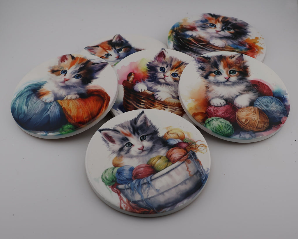 Cuddly kitten Printed Watercolour effect Round Ceramic Coasters-  Set of 6, colourful, gift for all occasions, six unique designs.