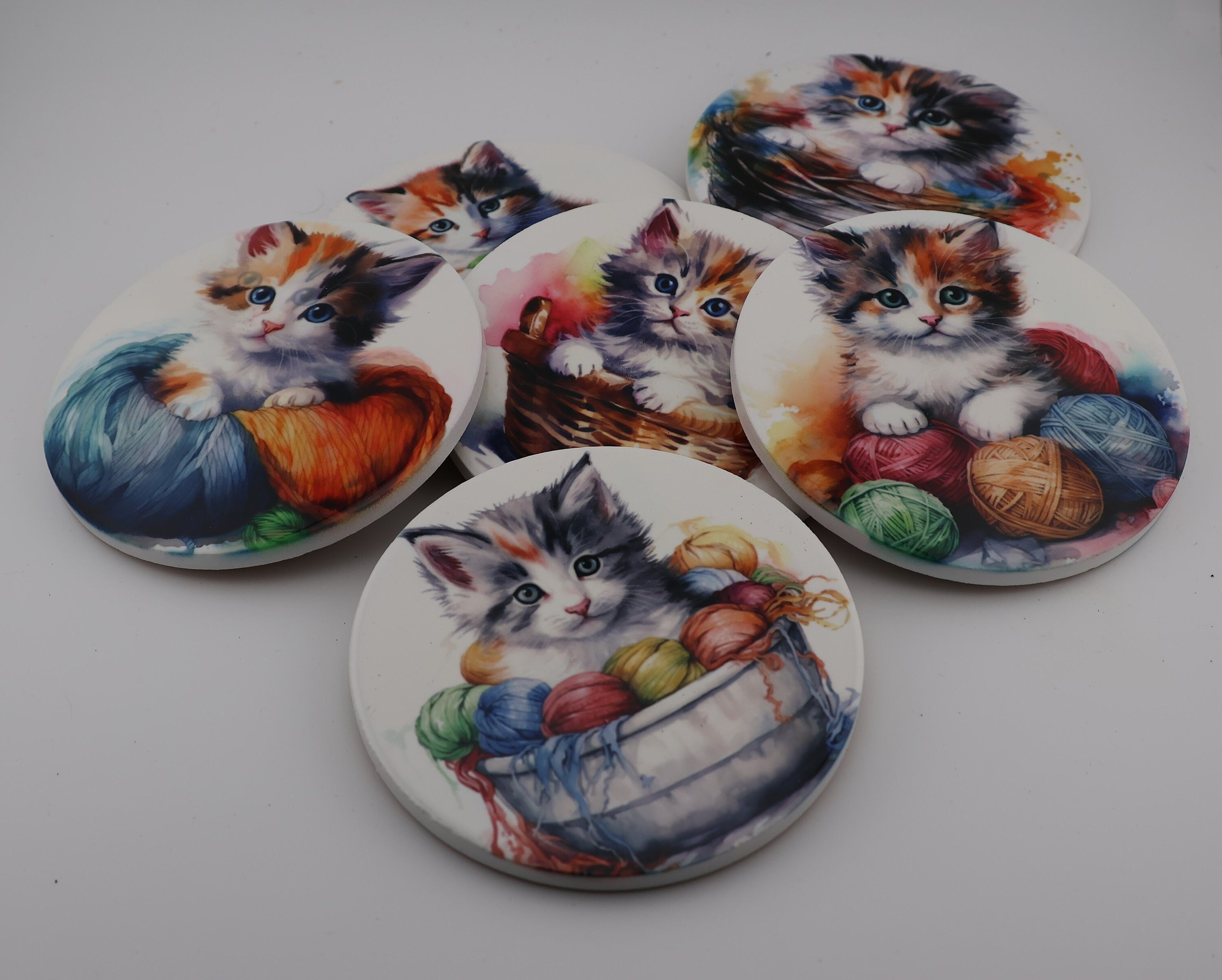 Cuddly kitten Printed Watercolour effect Round Ceramic Coasters-  Set of 6, colourful, gift for all occasions, six unique designs.