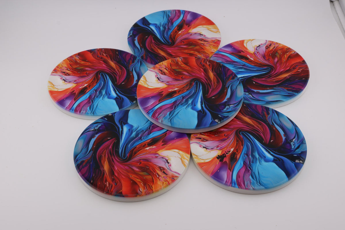 AI24043C Abstract Vortex No7   Multi coloured Round Ceramic Coasters- Set of 6, gift for all occasions, Designed and made in Britain