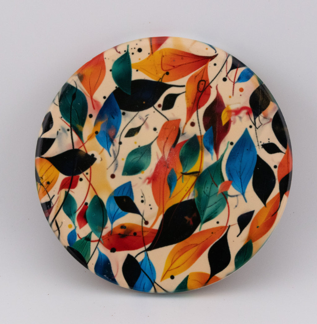 AI24025C Autumn Leaves Round Glass Coaster, Colorful Botanical Coaster, Modern Foliage Print Home Decor, Fall Leaf Pattern Drink Coaster