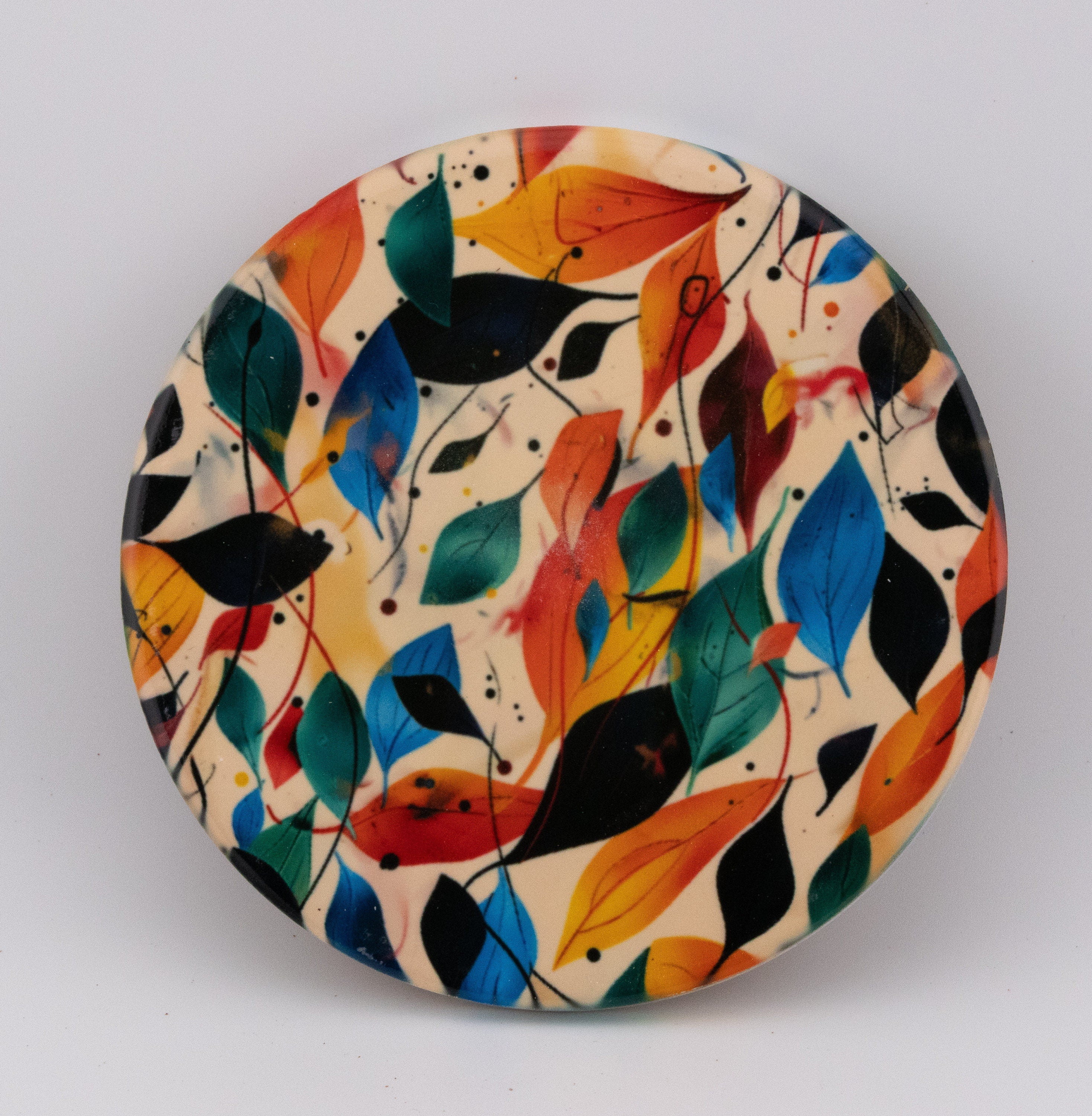 AI24025C Autumn Leaves Round Glass Coaster, Colorful Botanical Coaster, Modern Foliage Print Home Decor, Fall Leaf Pattern Drink Coaster