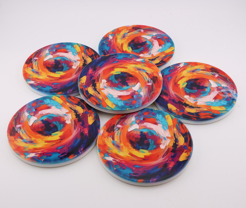 AI24048C Abstract Vortex No9   Multi coloured Round Ceramic Coasters- Set of 6, gift for all occasions, Designed and made in Britain