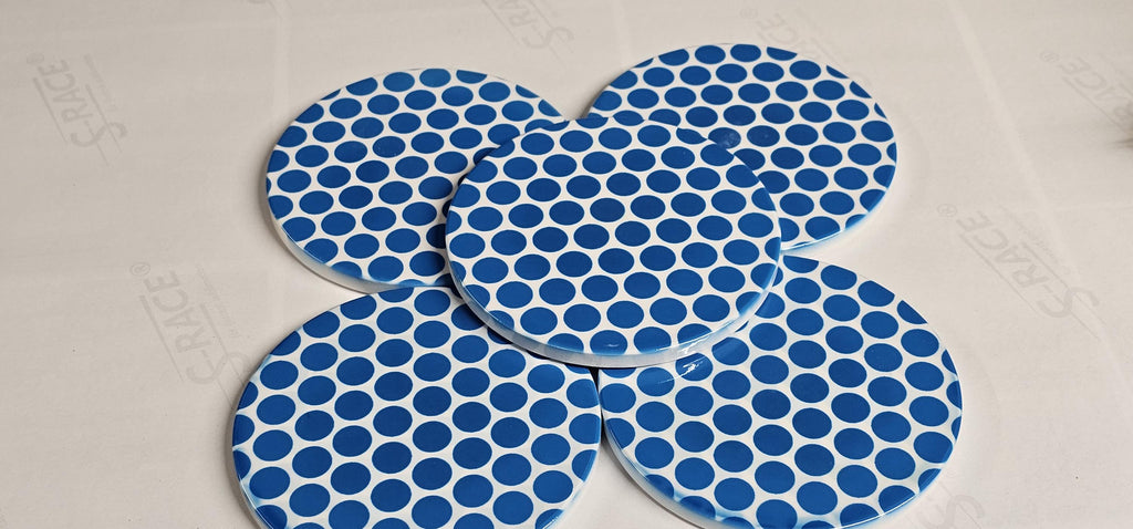 AI24067C Blue Circles / Spots Contemporary Pattern -  Round Ceramic Coasters- Set of 6, gift for all occasions, Designed and made in Britain