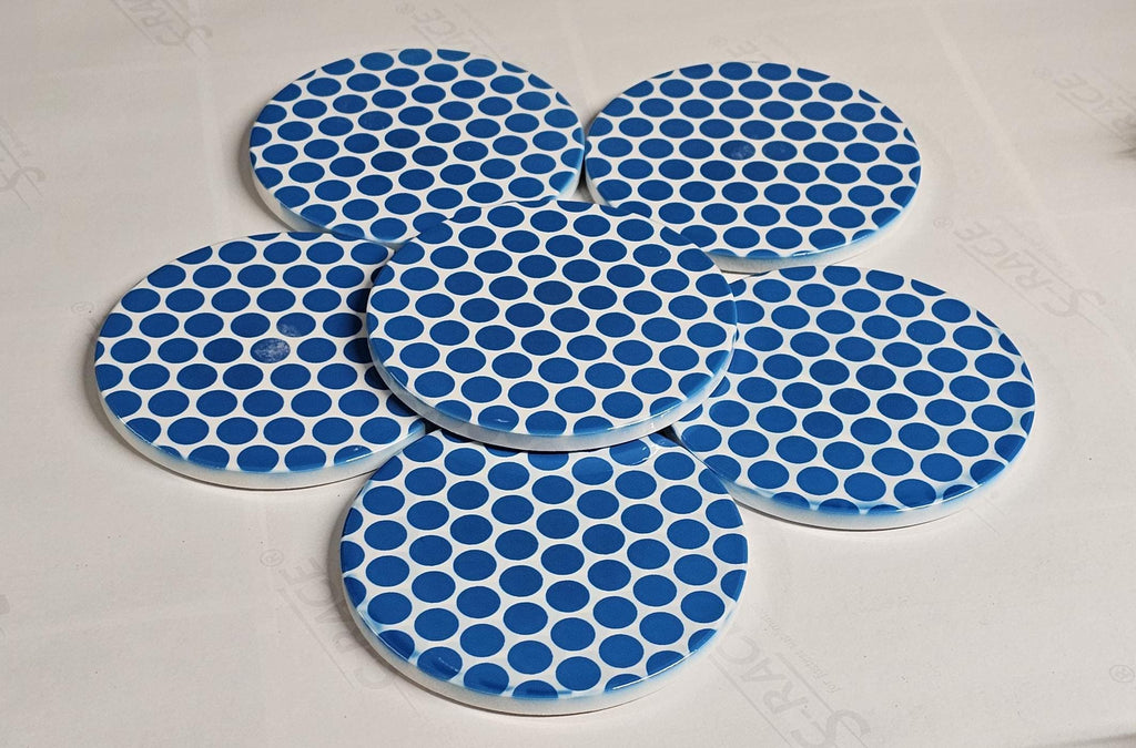 AI24067C Blue Circles / Spots Contemporary Pattern -  Round Ceramic Coasters- Set of 6, gift for all occasions, Designed and made in Britain