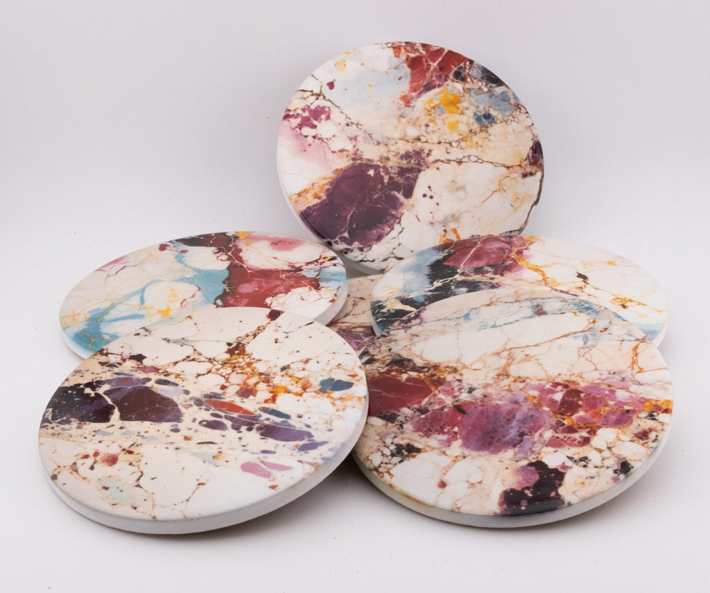 AI2406C18 Terrazzo Marble Ceramic Coaster Set of 6, Neutral Round Drink Coasters, Modern Kitchen Decor, Housewarming Gift
