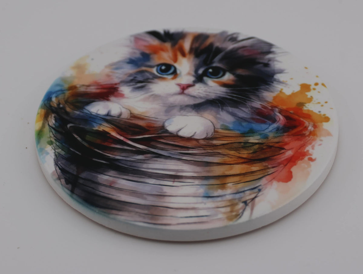 Cuddly kitten Printed Watercolour effect Round Ceramic Coasters-  Set of 6, colourful, gift for all occasions, six unique designs.