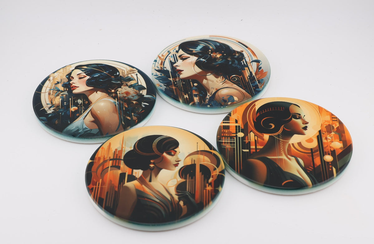 AI24008c. Art Deco Effect Round Ceramic Coasters-  - Set of 6, colourful, gift for all occasions, six unique designs.