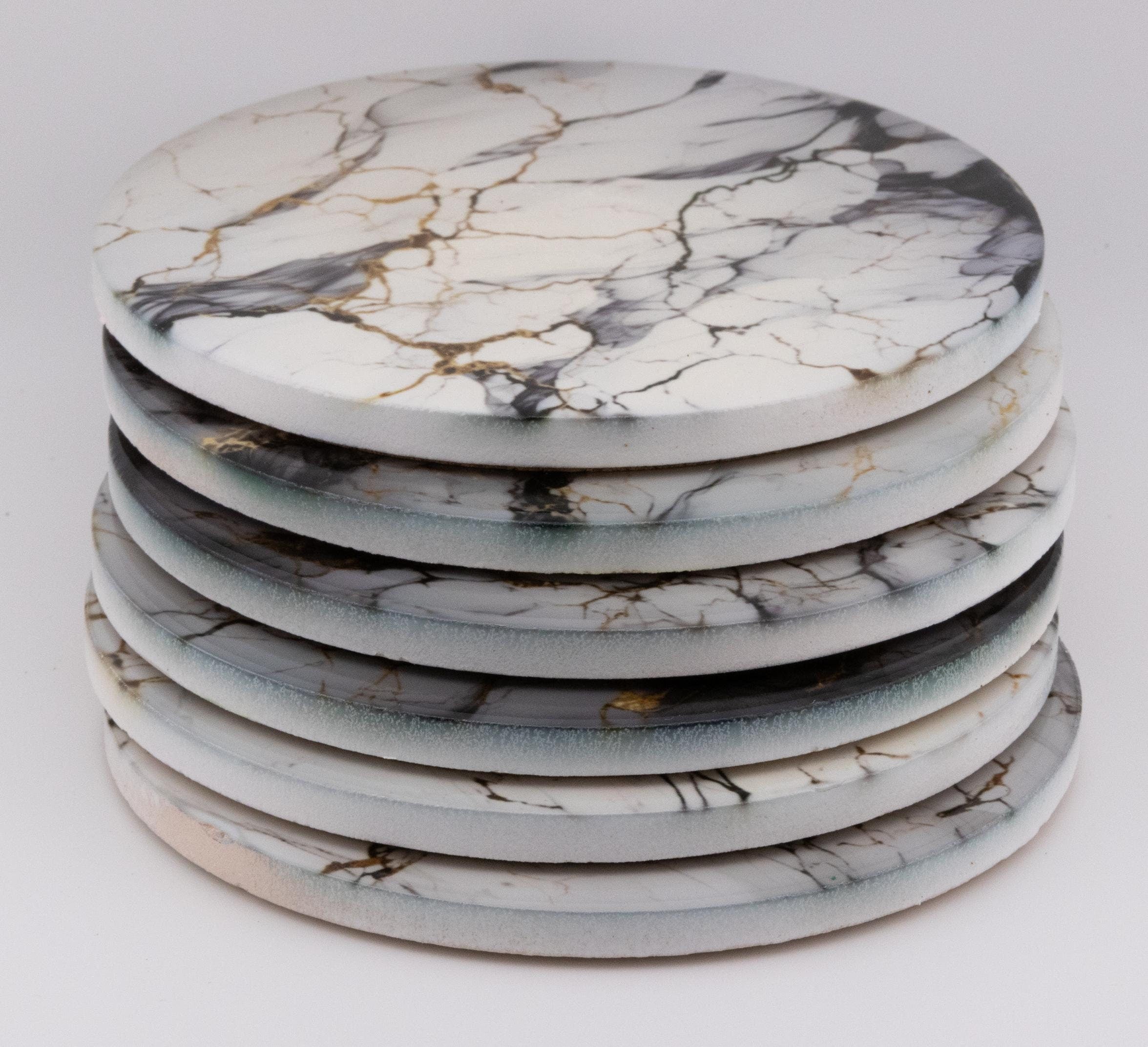 AI24020C Grey, White & Gold Marble Effect Round Ceramic Coasters-  Set of 6, colourful, gift for all occasions, six unique designs.