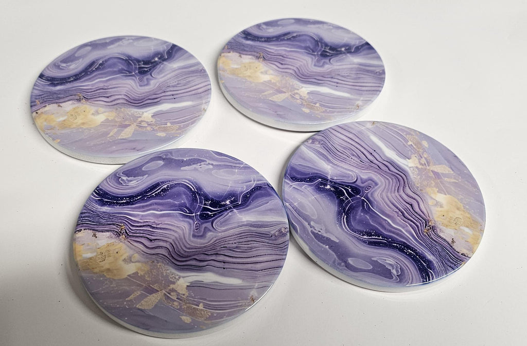 AI24066C Lilac Violet & Gold Marble effect -  Round Ceramic Coasters- Set of 6, gift for all occasions, Designed and made in Britain