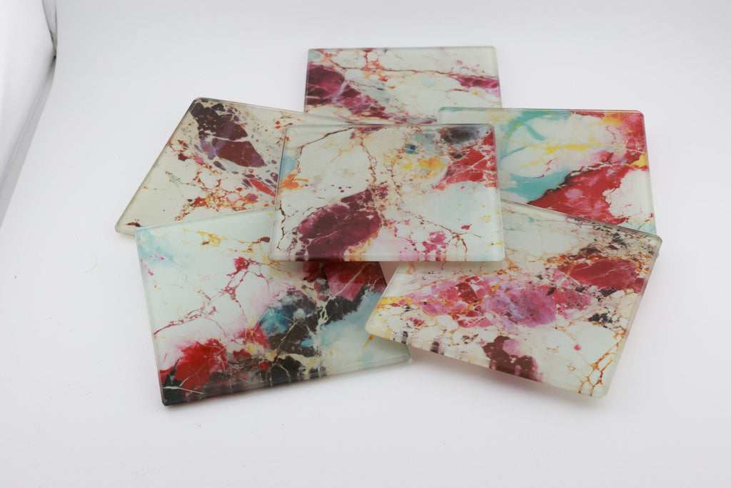 AI24018G Colorful Marble Glass Coaster, Abstract Agate Coaster, Modern Red Blue Gold Marble Decor, Rectangular Glass Drink Coaster Gift
