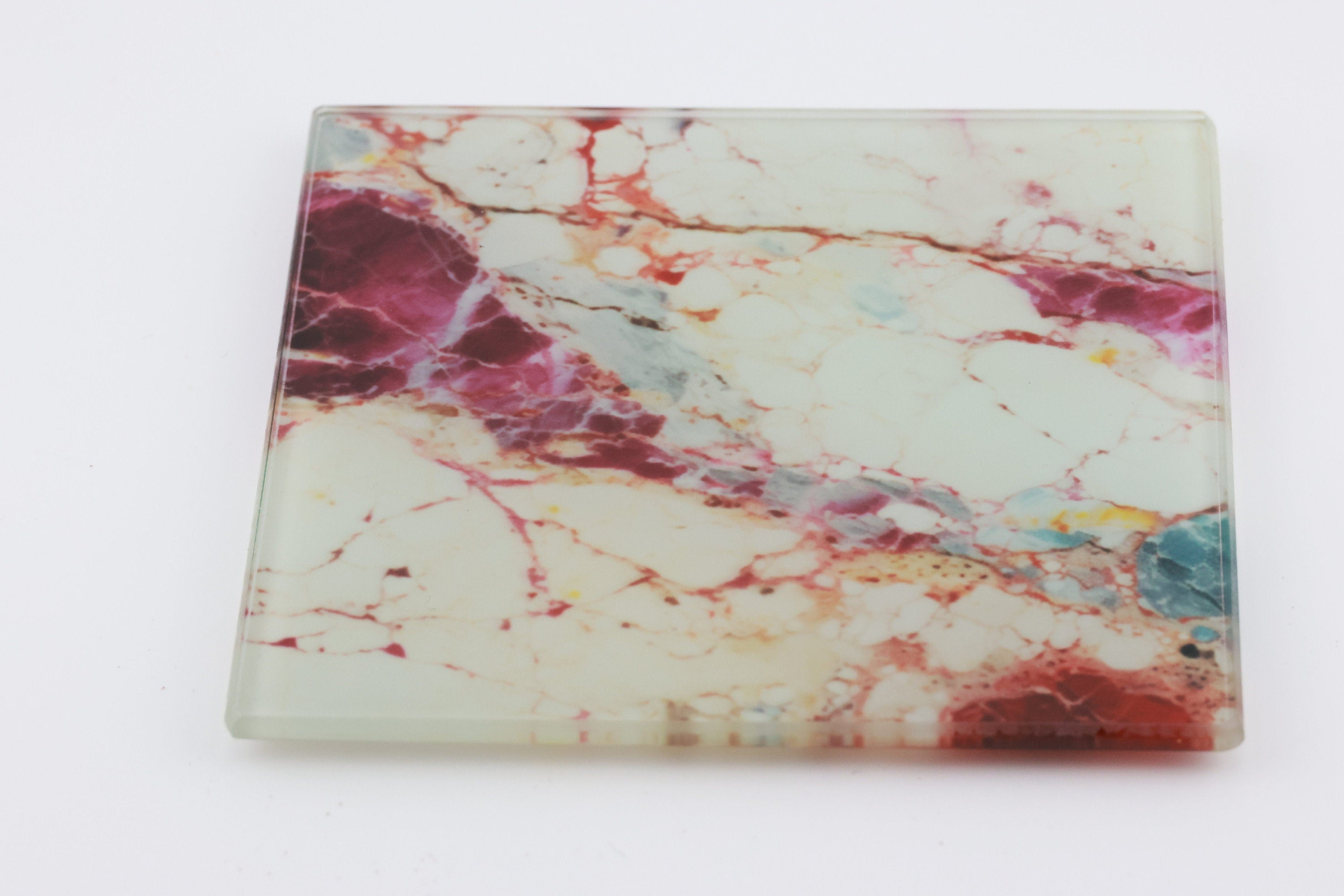 AI24018G Colorful Marble Glass Coaster, Abstract Agate Coaster, Modern Red Blue Gold Marble Decor, Rectangular Glass Drink Coaster Gift