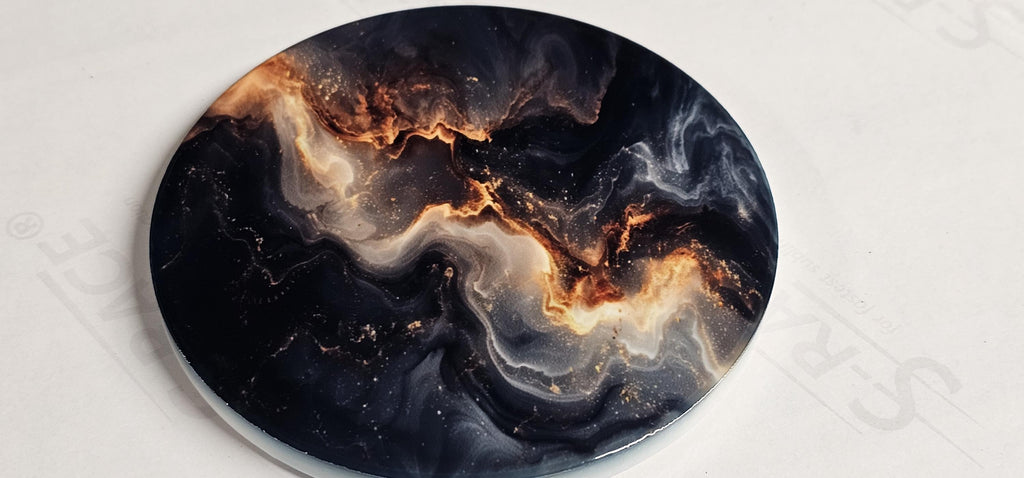 AI24062C Abstract Black & Gold Lave Marble Design -  Round Ceramic Coasters- Set of 6, gift for all occasions, Designed and made in Britain