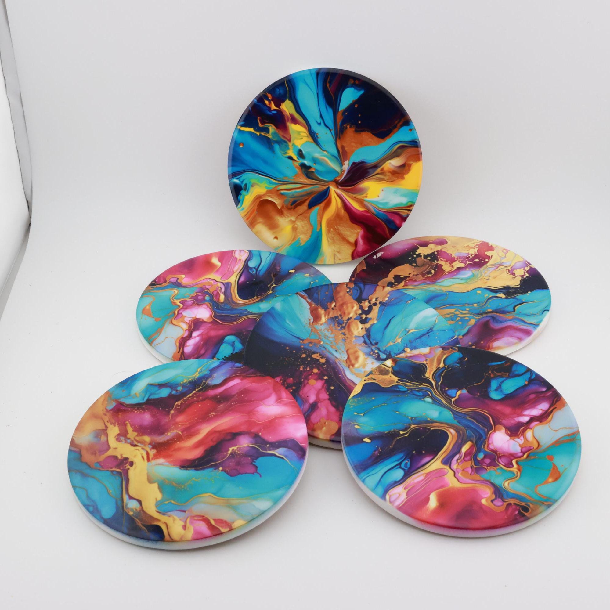 AI24021C Multi Colour Fluid Lava, purples,Effect Round Ceramic Coasters- Set of 6, colourful, gift for all occasions, six unique designs.