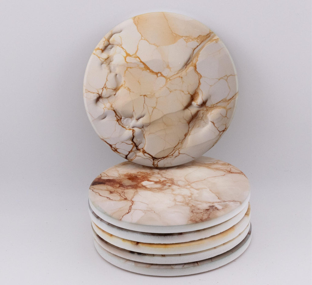 AI24019C Coffee & Cream Marble Effect Round Ceramic Coasters - Set of 6, colourful, gift for all occasions, six unique designs.