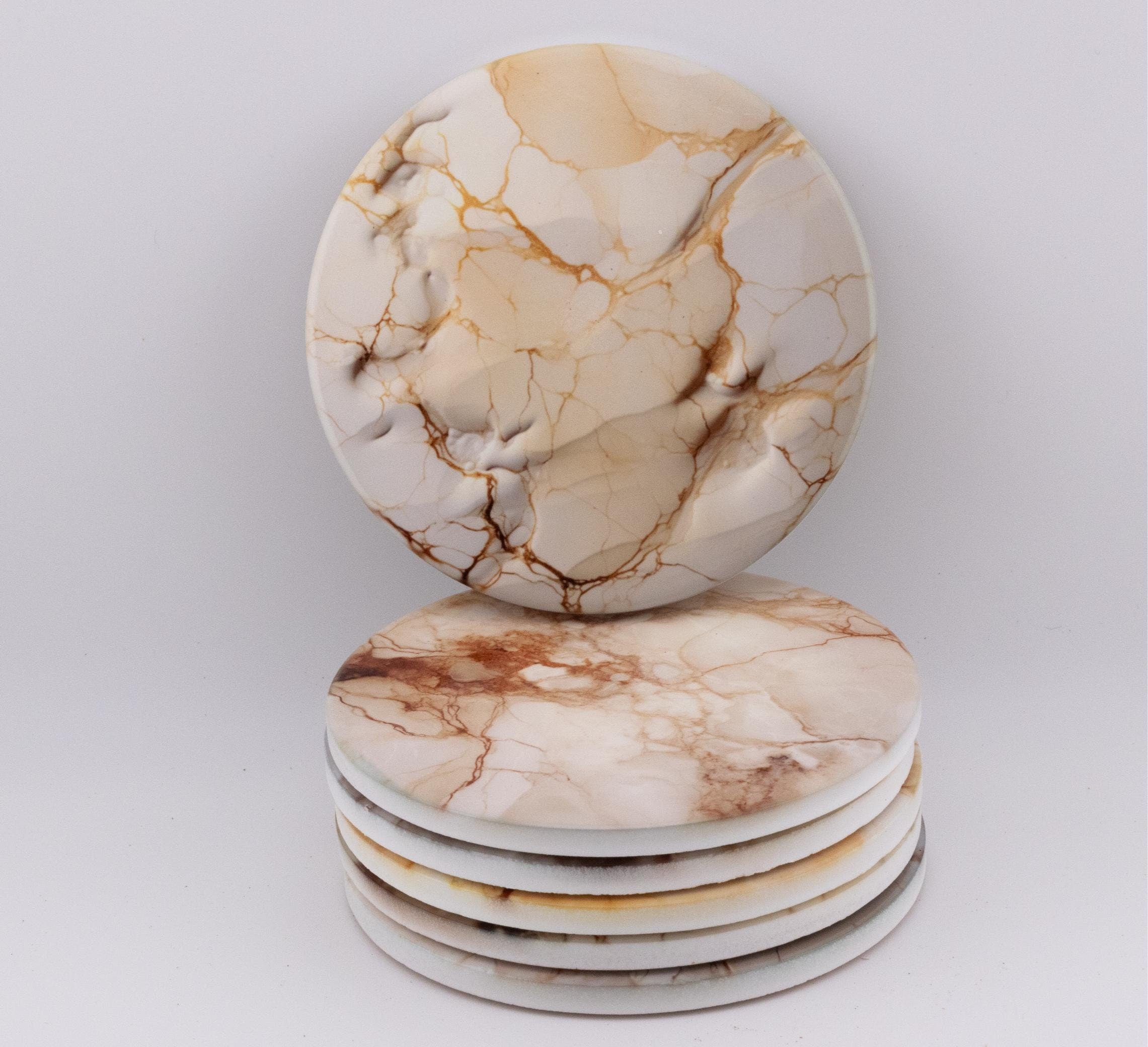 AI24019C Coffee & Cream Marble Effect Round Ceramic Coasters - Set of 6, colourful, gift for all occasions, six unique designs.