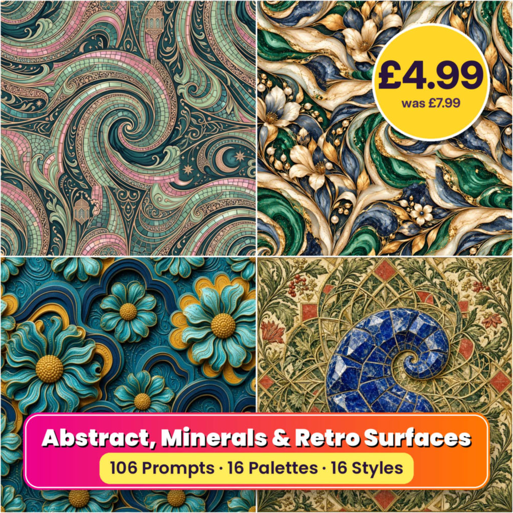 Abstract, Minerals & Retro Surfaces Seamless Phone Case & Product Art pack title card: four seamless artworks (artistic impression); 106 Prompts · 16 Palettes · 16 Styles