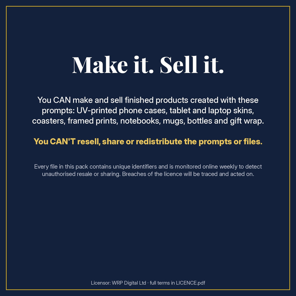Make it. Sell it. Licence summary for the Abstract, Minerals & Retro Surfaces Seamless Phone Case & Product Art pack: you can sell finished products made with the prompts, but not the prompts or files