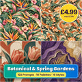 Botanical & Spring Gardens Seamless Phone Case & Product Art pack title card: four seamless artworks (artistic impression); 102 Prompts · 16 Palettes · 16 Styles