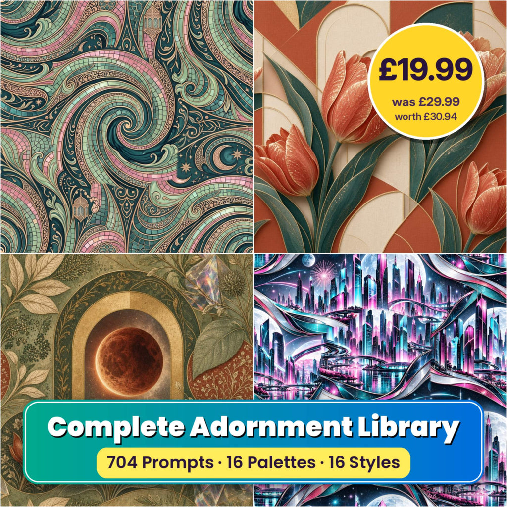 Complete Adornment Library title card: four seamless artworks (artistic impression); 704 Prompts · 16 Palettes · 16 Styles