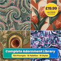 Complete Adornment Library title card: four seamless artworks (artistic impression); 704 Prompts · 16 Palettes · 16 Styles