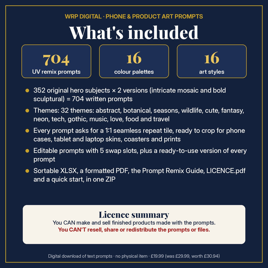 What's included in the Complete Adornment Library: 704 UV remix prompts from 352 hero subjects, 16 colour palettes, 16 art styles, XLSX, PDF, Prompt Remix Guide and a licence summary