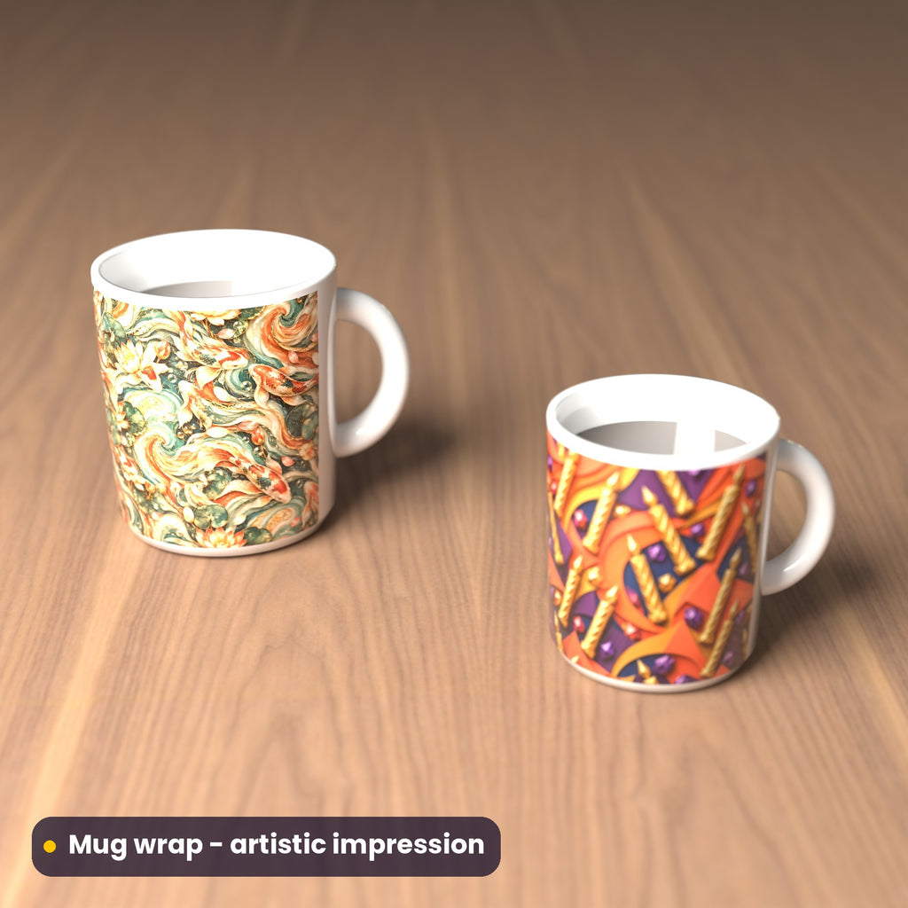 Artistic impression of seamless artwork from the Complete Adornment Library on two mugs with a full wrap print