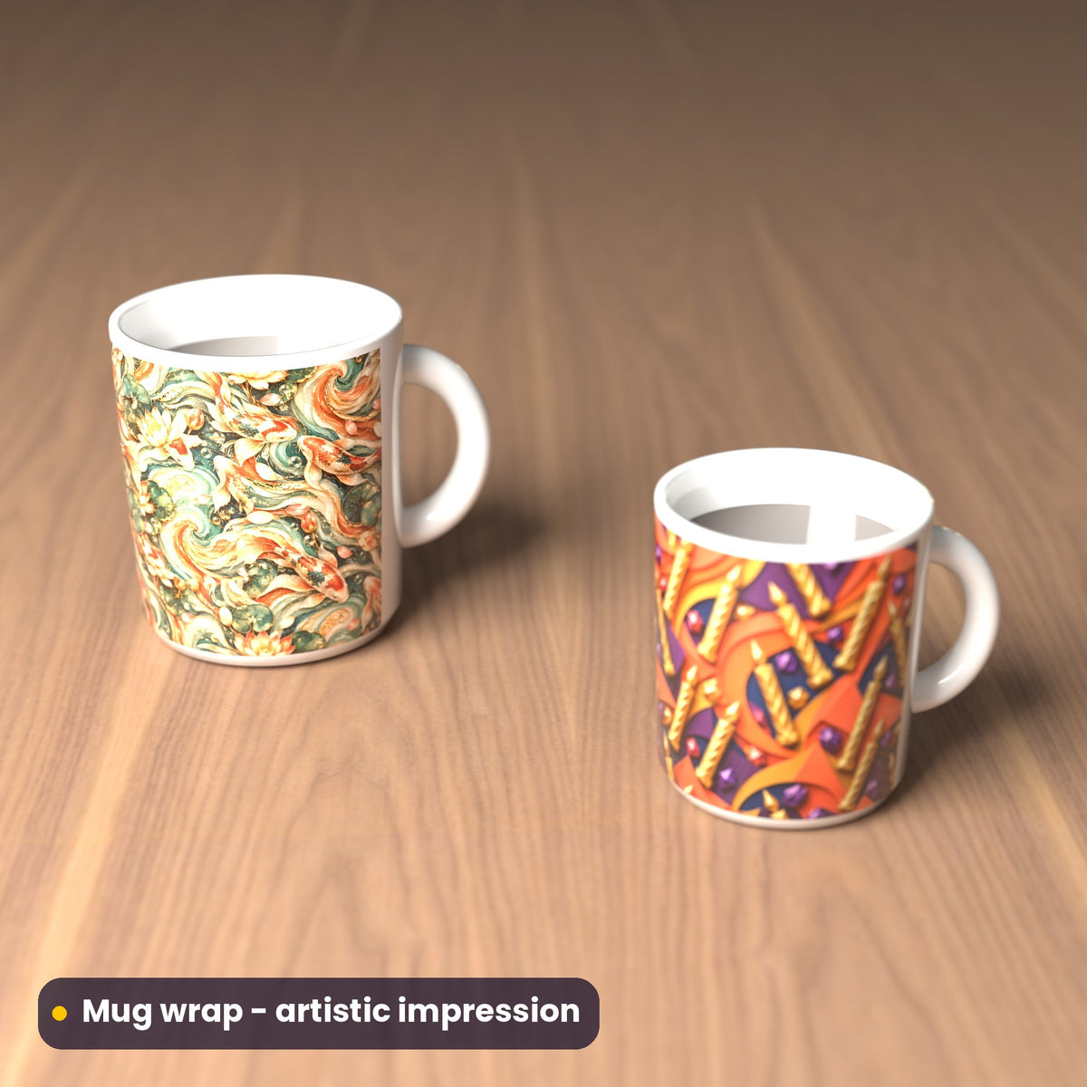 Artistic impression of seamless artwork from the Complete Adornment Library on two mugs with a full wrap print
