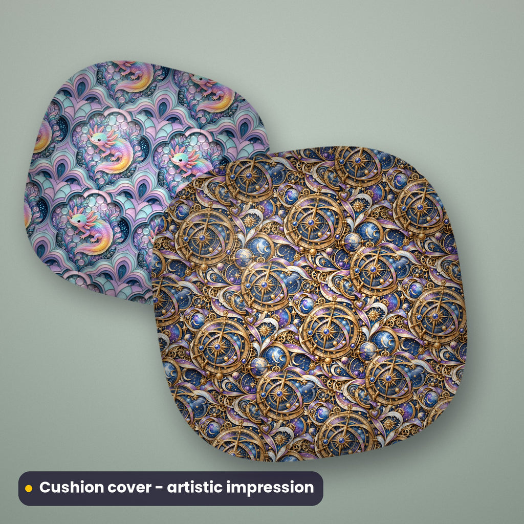 Artistic impression of seamless artwork from the Complete Adornment Library on two cushion covers