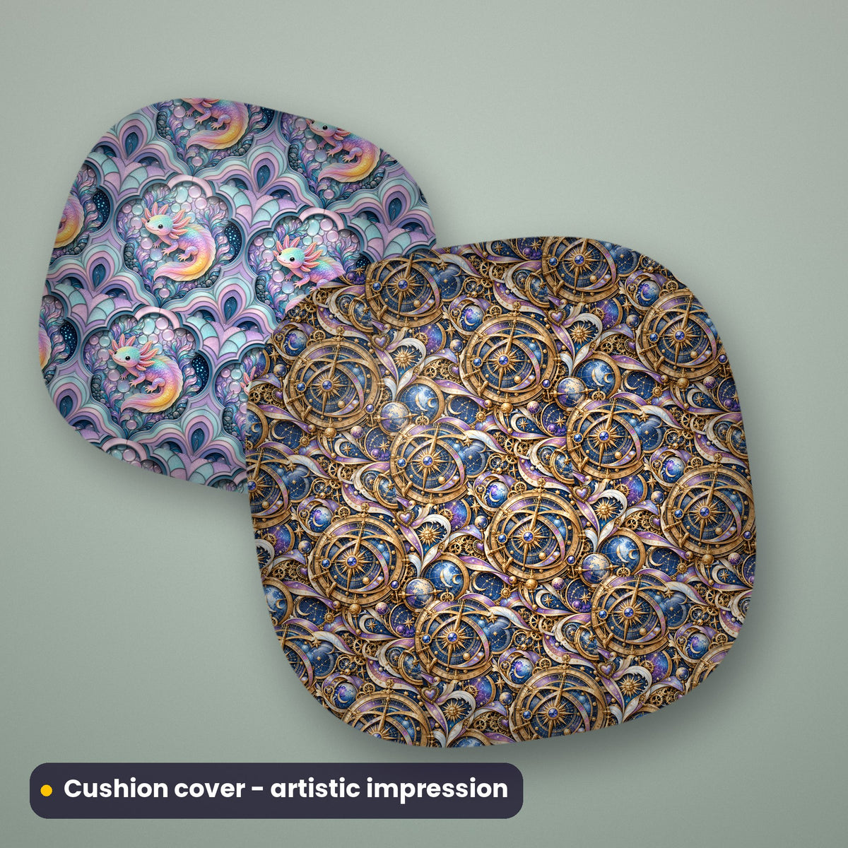 Artistic impression of seamless artwork from the Complete Adornment Library on two cushion covers