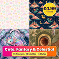 Cute, Fantasy & Celestial Seamless Phone Case & Product Art pack title card: four seamless artworks (artistic impression); 116 Prompts · 16 Palettes · 16 Styles