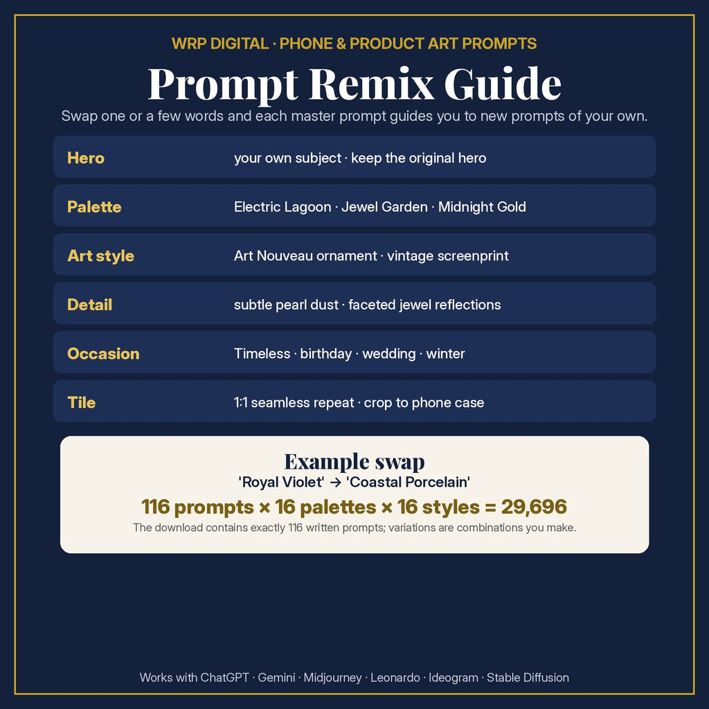 Prompt Remix Guide: swap the hero, palette, art style, detail, occasion or tile; 116 prompts × 16 palettes × 16 styles = 29,696 combinations you create