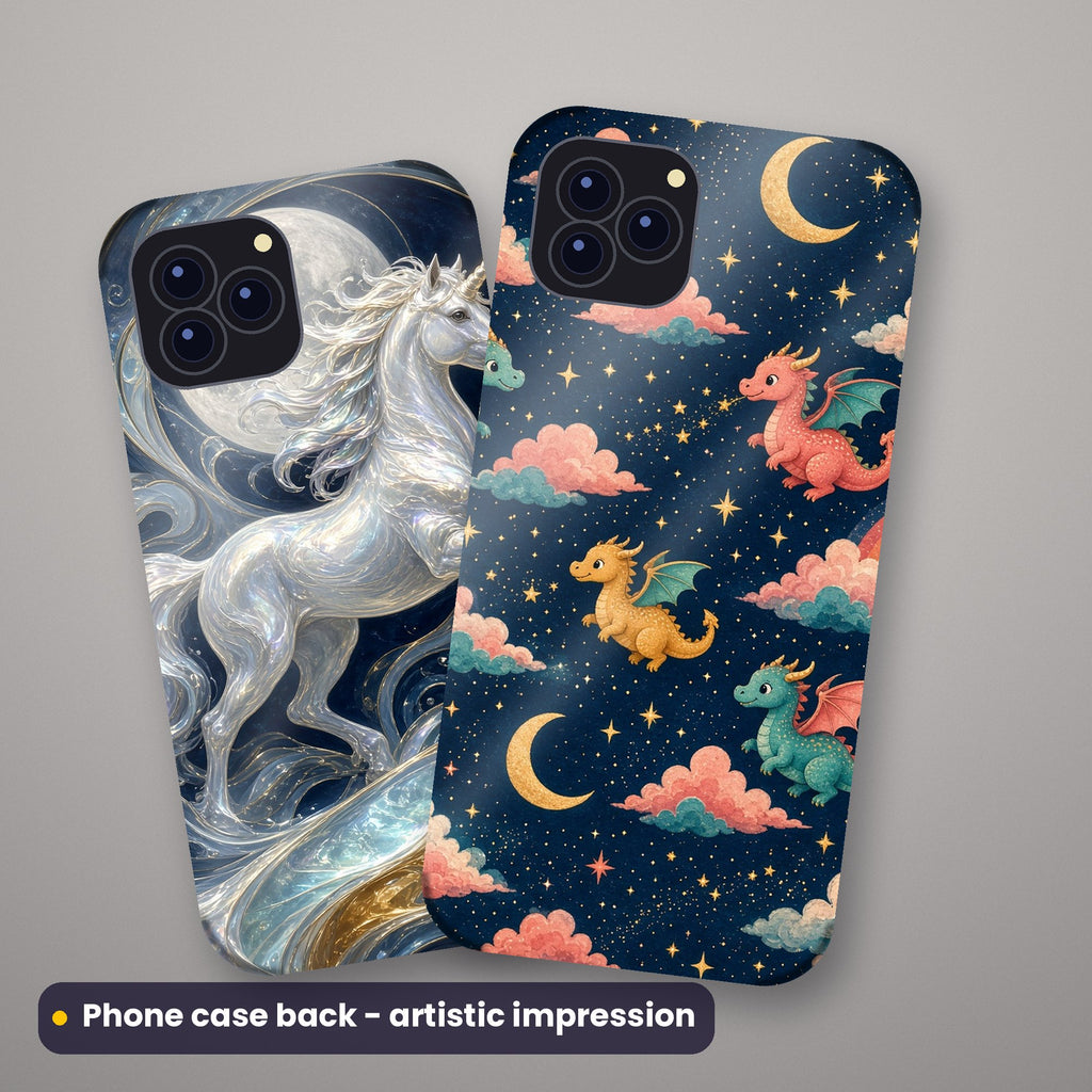 Artistic impression of seamless artwork from the Cute, Fantasy & Celestial Seamless Phone Case & Product Art pack on a pair of phone case backs