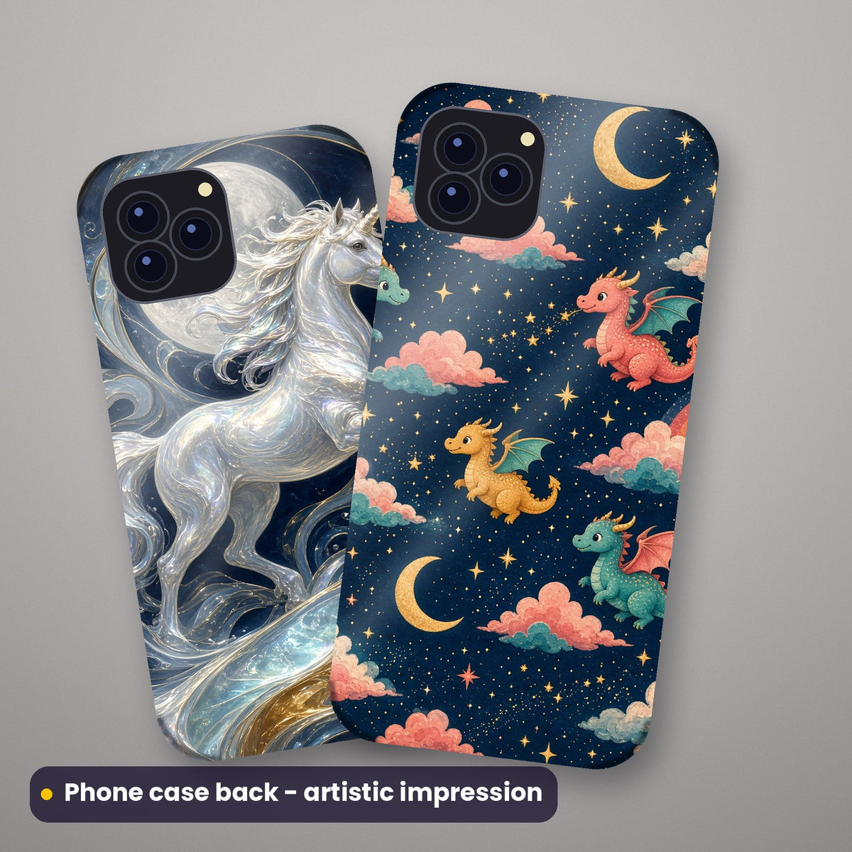 Artistic impression of seamless artwork from the Cute, Fantasy & Celestial Seamless Phone Case & Product Art pack on a pair of phone case backs