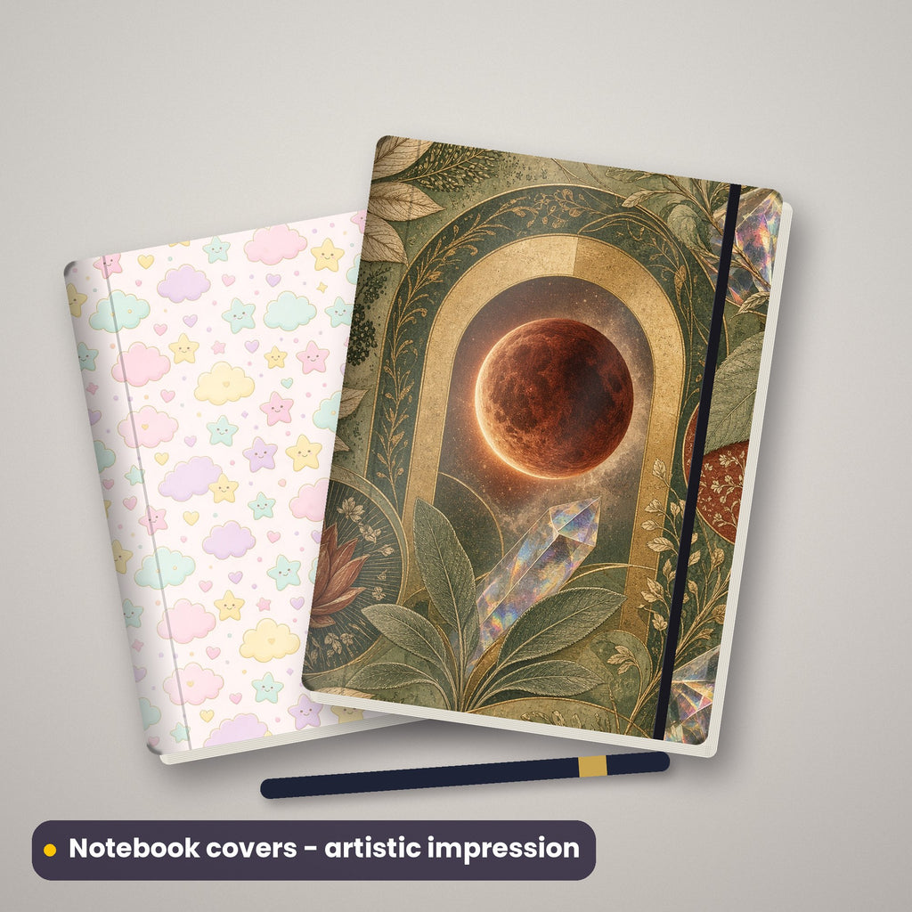 Artistic impression of seamless artwork from the Cute, Fantasy & Celestial Seamless Phone Case & Product Art pack on two hardback notebooks