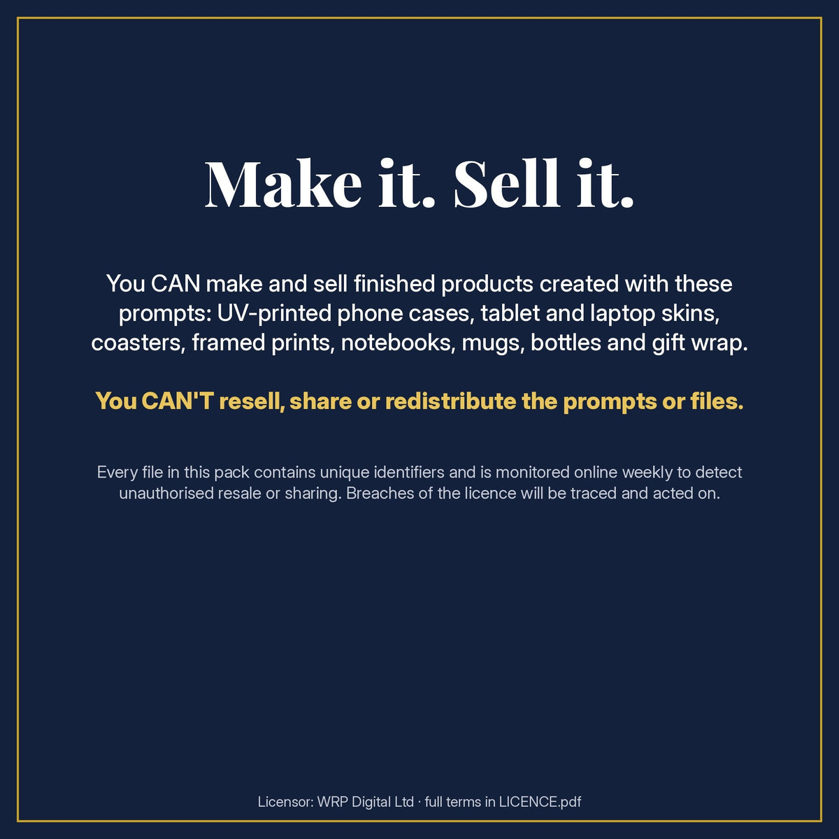 Make it. Sell it. Licence summary for the Cute, Fantasy & Celestial Seamless Phone Case & Product Art pack: you can sell finished products made with the prompts, but not the prompts or files