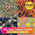 Life, Love, Food & Travel Seamless Phone Case & Product Art pack title card: four seamless artworks (artistic impression); 150 Prompts · 16 Palettes · 16 Styles