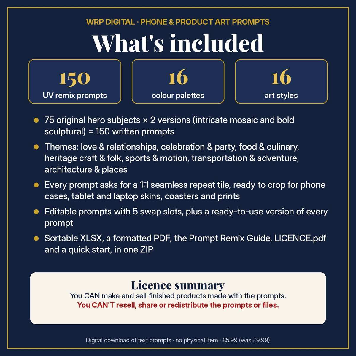What's included in the Life, Love, Food & Travel Seamless Phone Case & Product Art pack: 150 UV remix prompts from 75 hero subjects, 16 colour palettes, 16 art styles, XLSX, PDF, Prompt Remix Guide and a licence summary