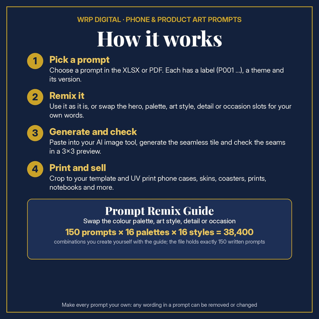 Prompt Use Guide in four steps: pick a prompt, remix it, generate and check the seams, print and sell; 150 prompts × 16 palettes × 16 styles = 38,400 combinations