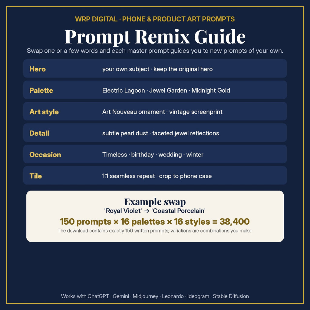Prompt Remix Guide: swap the hero, palette, art style, detail, occasion or tile; 150 prompts × 16 palettes × 16 styles = 38,400 combinations you create