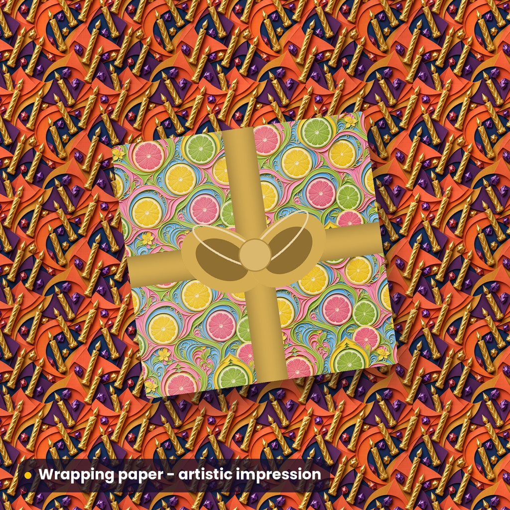 Artistic impression of seamless artwork from the Life, Love, Food & Travel Seamless Phone Case & Product Art pack on a gift box in wrapping paper