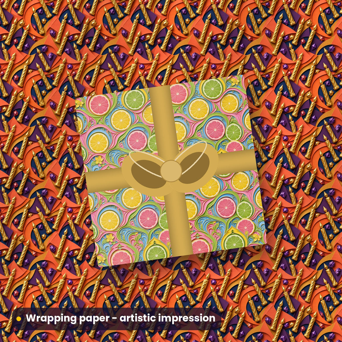 Artistic impression of seamless artwork from the Life, Love, Food & Travel Seamless Phone Case & Product Art pack on a gift box in wrapping paper