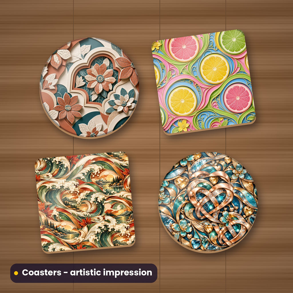 Artistic impression of seamless artwork from the Life, Love, Food & Travel Seamless Phone Case & Product Art pack on a set of four coasters