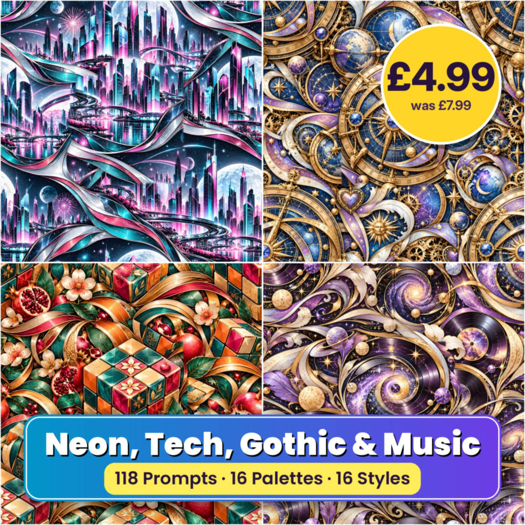 Neon, Tech, Gothic & Music Seamless Phone Case & Product Art pack title card: four seamless artworks (artistic impression); 118 Prompts · 16 Palettes · 16 Styles